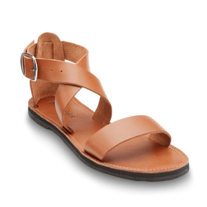 Front side view of Brave Soles Sustainably made Jasmine leather sandals in caramel color