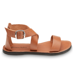 Side view of Brave Soles Sustainably made Jasmine leather sandals in caramel color