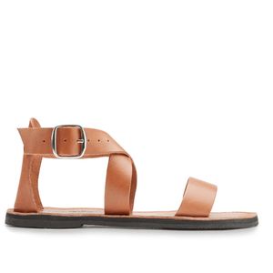 Low side view of Brave Soles Sustainably made Jasmine leather sandals in caramel color