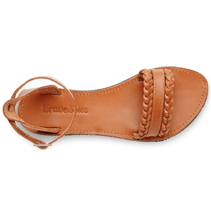 top view of the Women's Bohemia leather sandals that are sustainably made by Brave Soles in caramel color