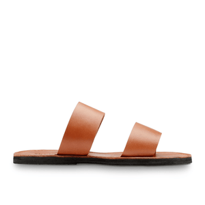 Lower side view of the Ophelia Leather slide sandals sustainably made by Brave Soles in caramel color