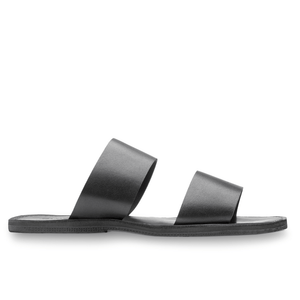 Lower side view of the Ophelia Leather slide sandals sustainably made by Brave Soles in classic black color