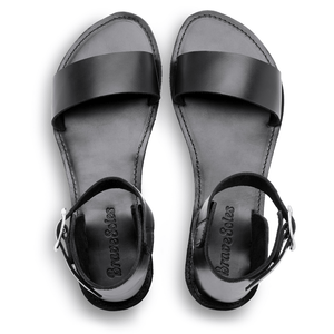 Top view of the Camila Leather Flatform sandal that is ethically made by Brave Soles in Class black.