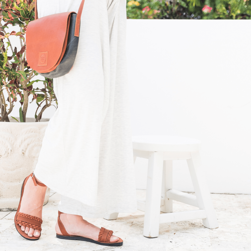 Front side view of the Women's Bohemia leather sandals that are sustainably made by Brave Soles in caramel color