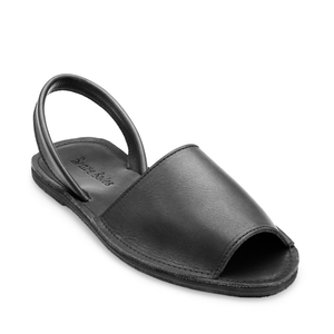 top side view of the Avarca classic Spanish leather sandal sustainably made by Brave Soles in black color