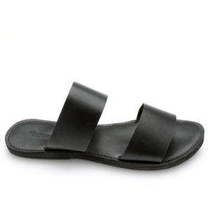 Side view of the Ophelia Leather slide sandals sustainably made by Brave Soles in classic black