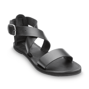 Front side view of Brave Soles Sustainably made Jasmine leather sandals with recycled tire soles in classic color