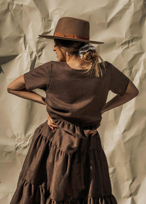Backside of the Elwood Maxi dress in Mocha brown. This image shows the backside and top of the dress.