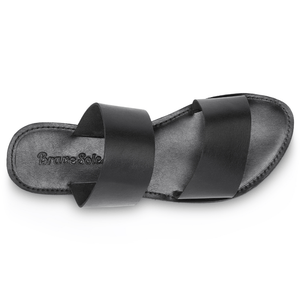Top view of the Ophelia Leather slide sandals sustainably made by Brave Soles in classic black