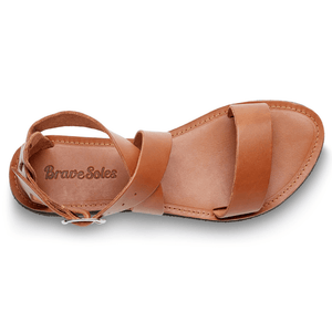 Top view of Brave Soles Sustainably made Jasmine leather sandals in caramel color