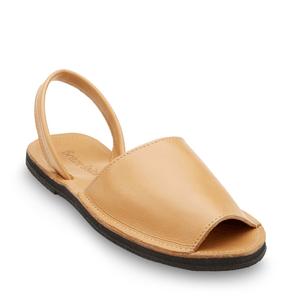 Front side view of the Avarca classic Spanish leather sandal sustainably made by Brave Soles in natural color