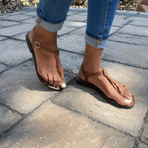 Woman wearing The Bonita Roman Style ecofriendly sandal