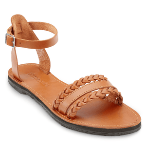 Front side view of the Women's Bohemia leather sandals that are sustainably made by Brave Soles in caramel color