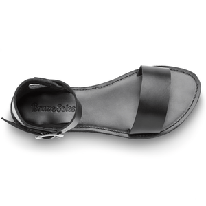 Horizontal top view of the Camila Leather Flatform sandal that is ethically made by Brave Soles in Class black.