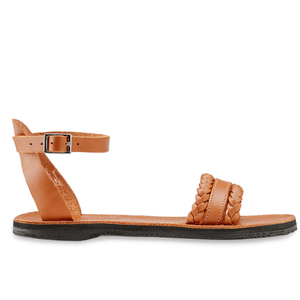 Lower side view of the Women's Bohemia leather sandals that are sustainably made by Brave Soles in caramel color