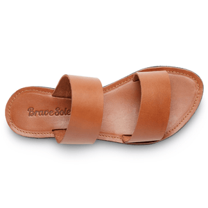 Top view of the Ophelia Leather slide sandals sustainably made by Brave Soles in caramel color