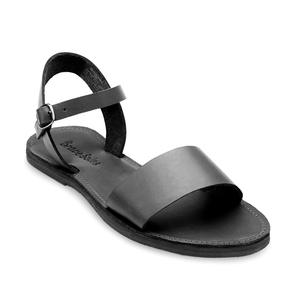 Front side view of the Aventura Women's walking sandal sustainably made by Brave Soles in classic black color