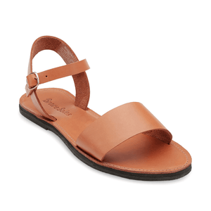 Front side view of the Aventura Women's walking sandal sustainably made by Brave Soles in Caramel color