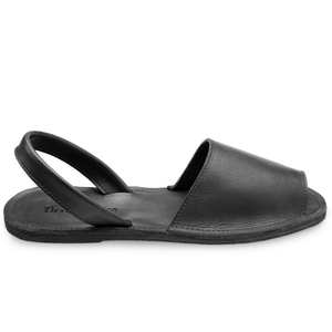 Top  side view of the Avarca classic Spanish leather sandal sustainably made by Brave Soles in black color