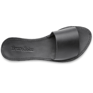 Top view of The Linda Women's Leather Slide Sandal in black color, sustainably made by Brave Soles.