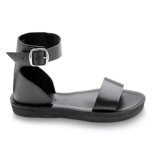 Side view of the Camila Leather Flatform sandal that is ethically made by Brave Soles in Class black.