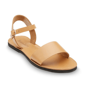 Front side view of the Aventura Women's walking sandal sustainably made by Brave Soles in natural color
