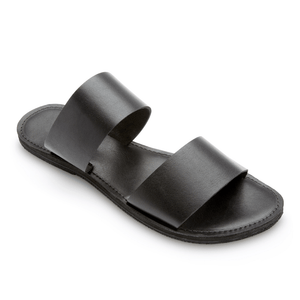 Front side view of the Ophelia Leather slide sandals sustainably made by Brave Soles in classic black