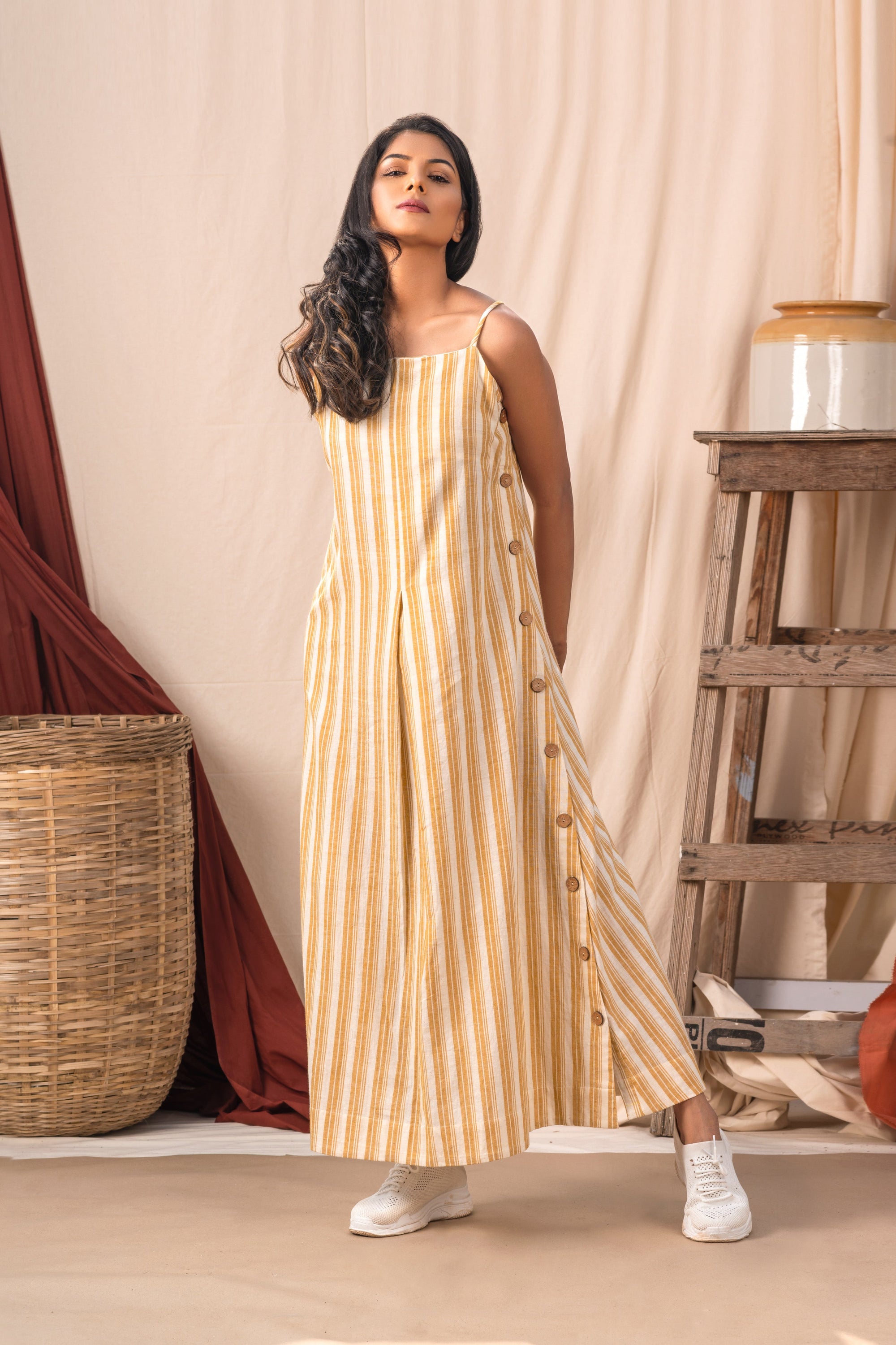 Yellow stripe long dress with buttons