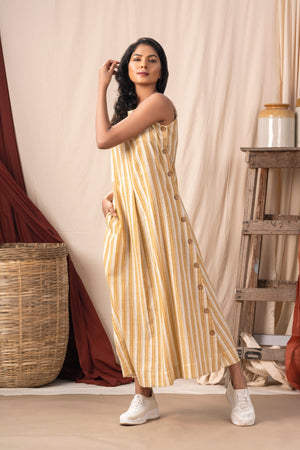 Yellow stripe long dress with buttons