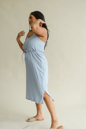 pale blue summer slip dress with side slit